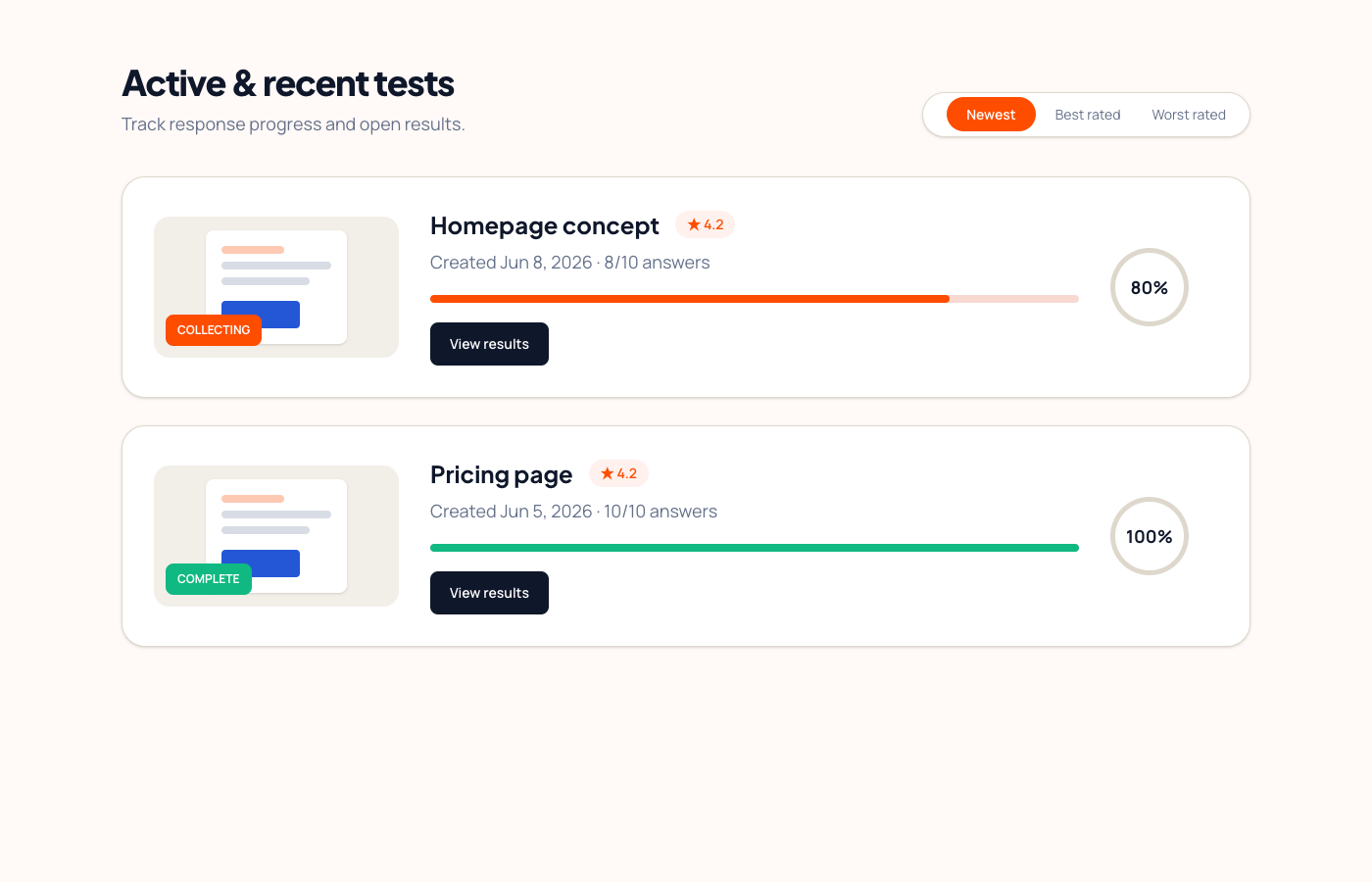 Dashboard showing two five second tests and their response progress
